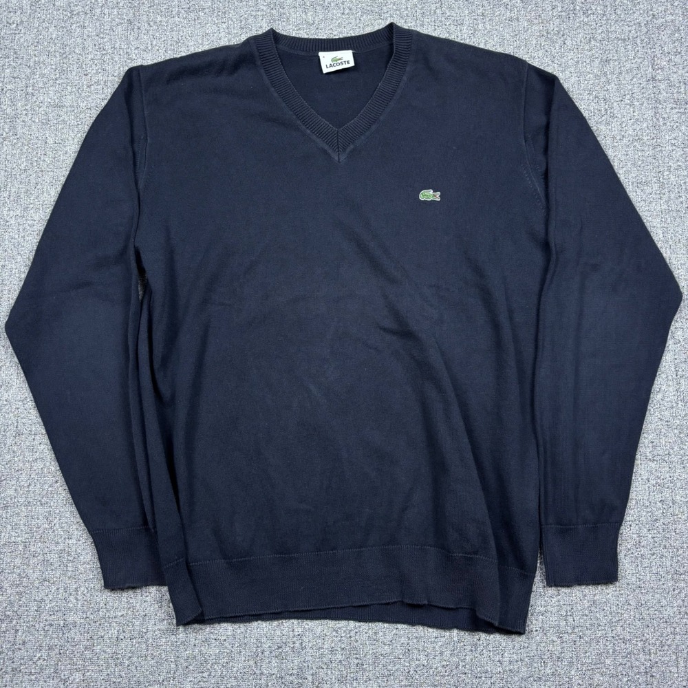 Lacoste Sweater Mens 4 Navy Blue V-Neck Pullover Cotton Classic Logo Knit